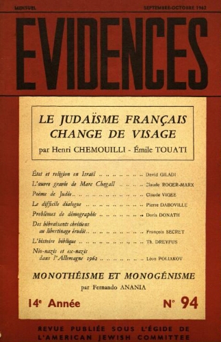Evidences. N° 94 (Septembre/Octobre 1962)